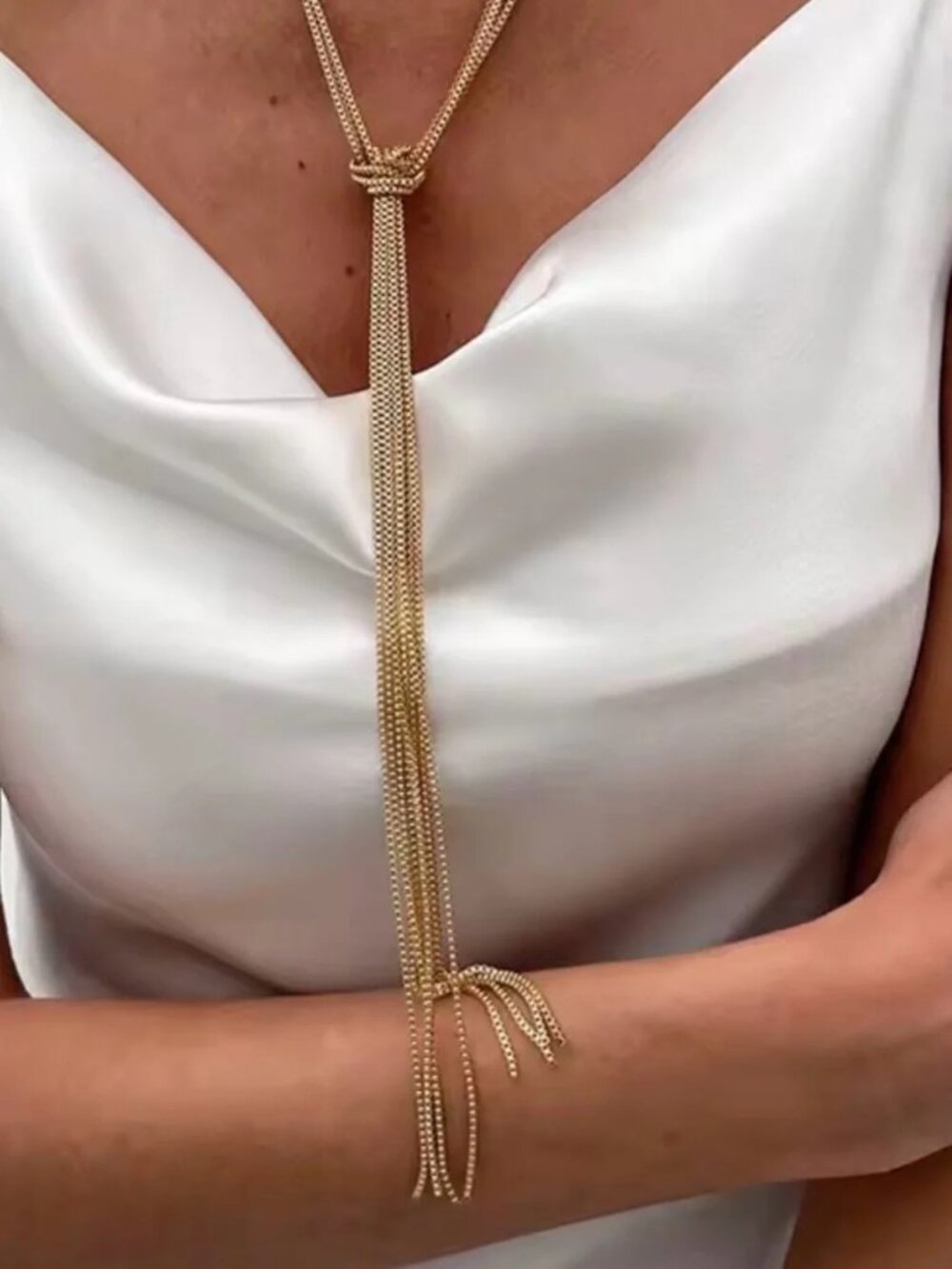 Anthropologie Gold Multi-Strand Knot Tassel Lariat Necklace